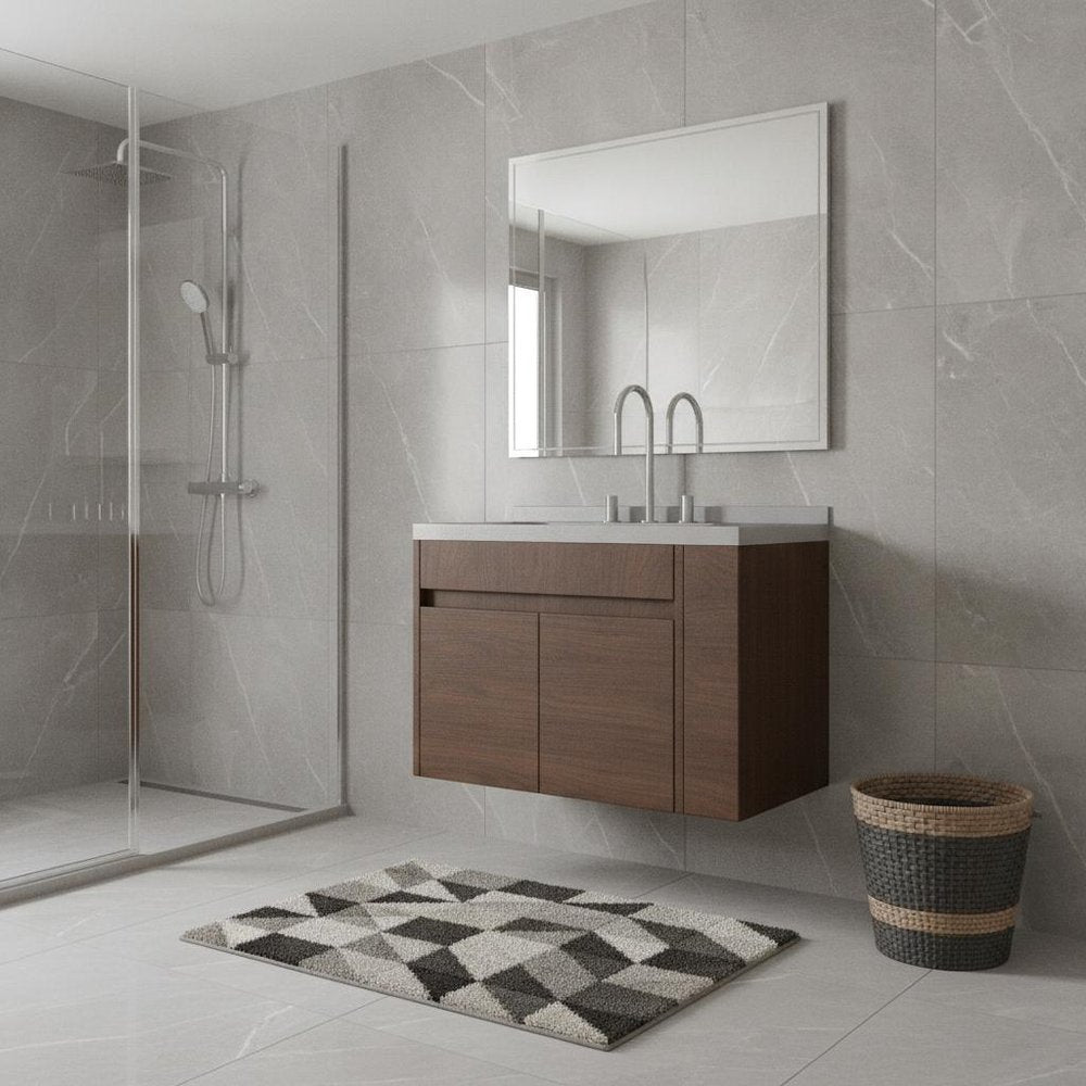 30" Brown Wood Floating Double Door Bathroom Vanity With White Sink