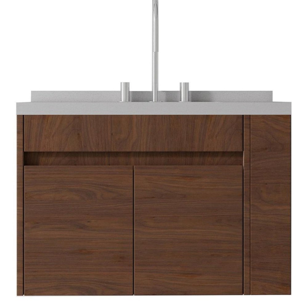 30" Brown Wood Floating Double Door Bathroom Vanity With White Sink