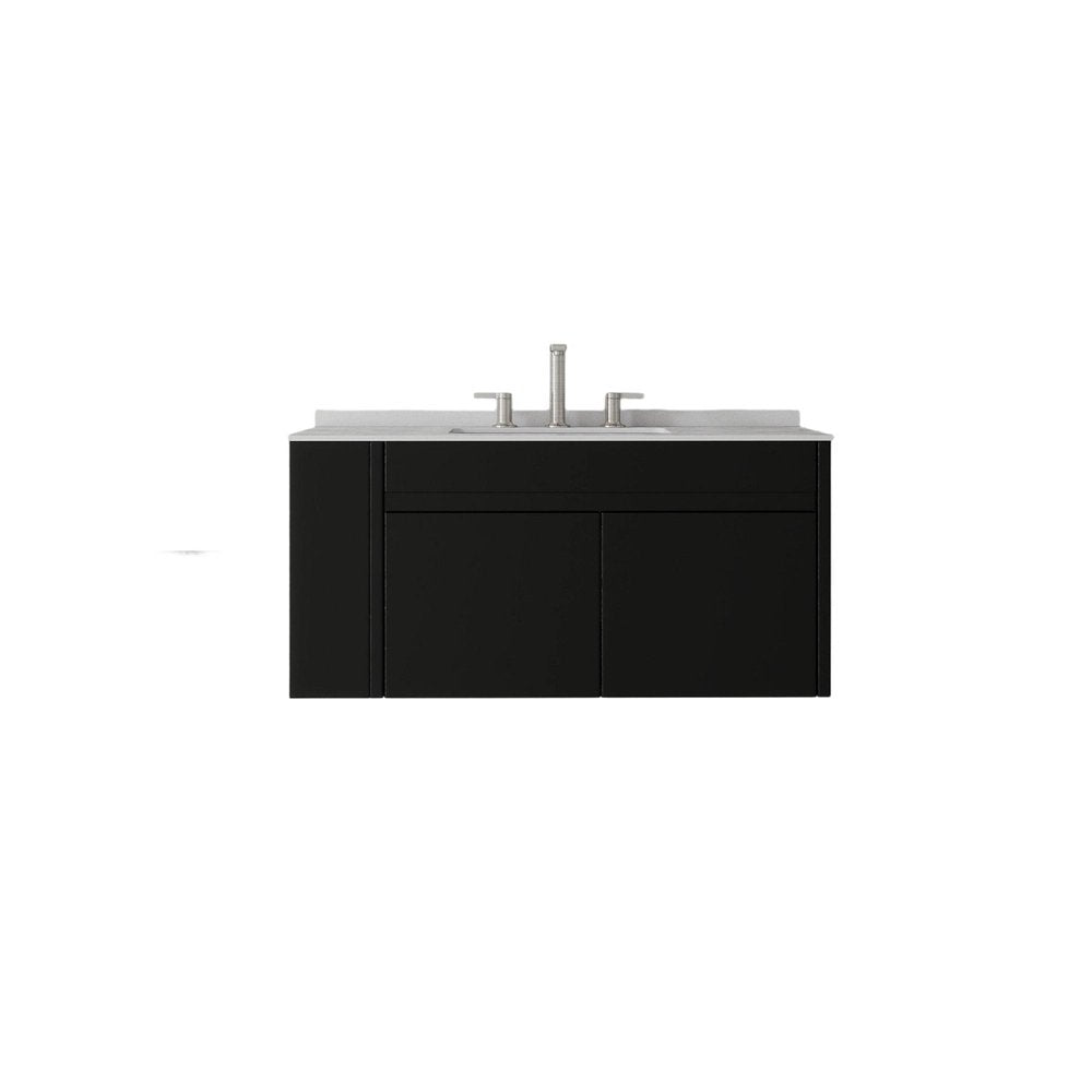 36" Black Wood Floating Double Door Bathroom Vanity With White Sink