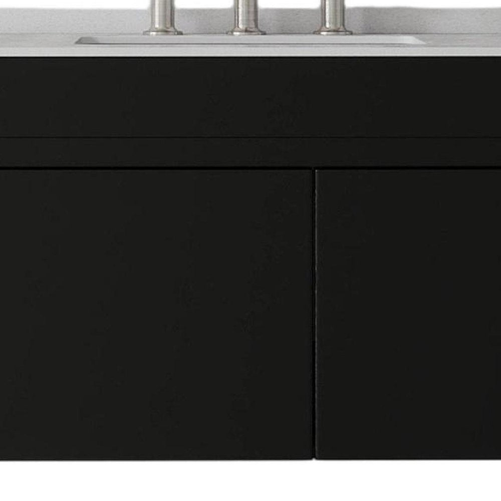 36" Black Wood Floating Double Door Bathroom Vanity With White Sink
