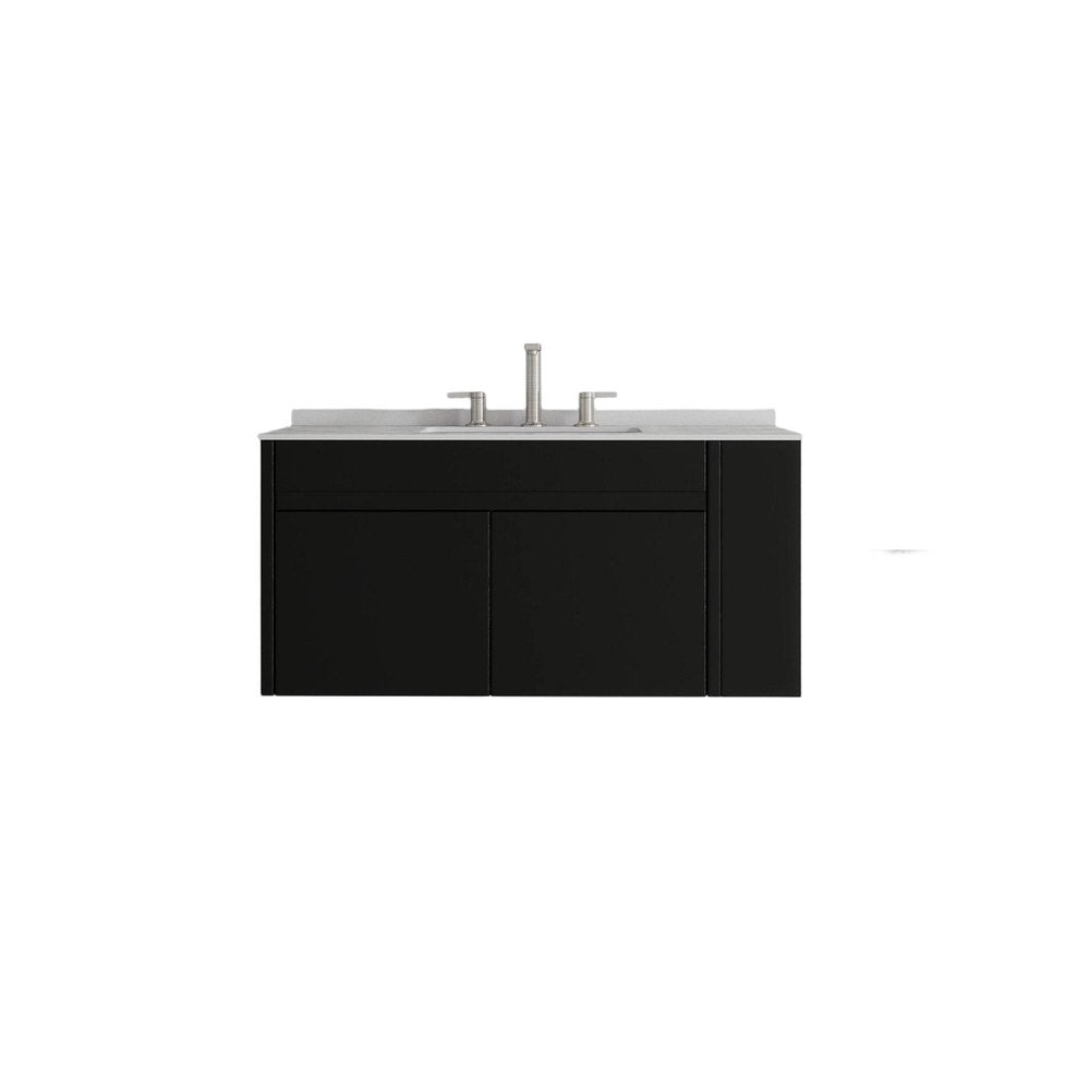 36" Black Wood Floating Double Door Bathroom Vanity With White Sink