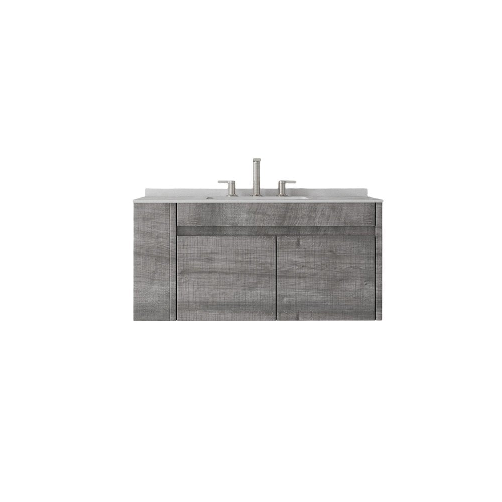 36" Gray Wood Floating Double Door Bathroom Vanity With White Sink