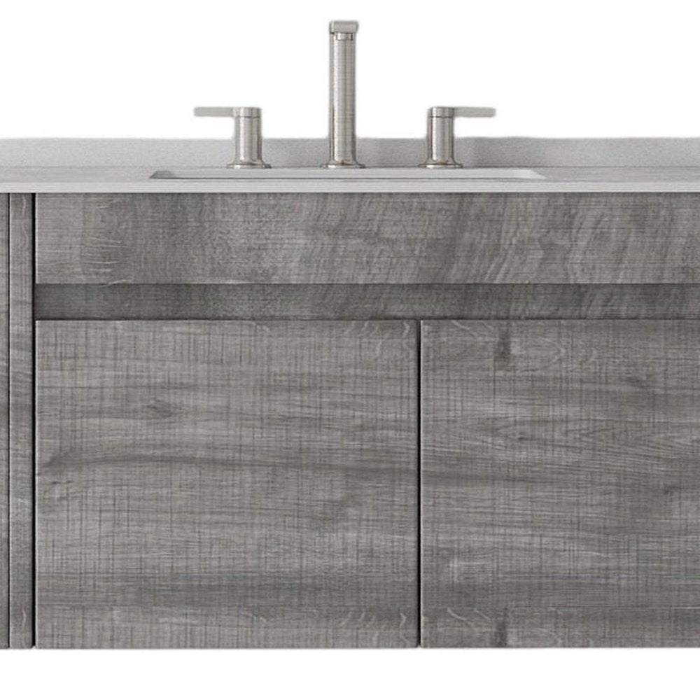 36" Gray Wood Floating Double Door Bathroom Vanity With White Sink