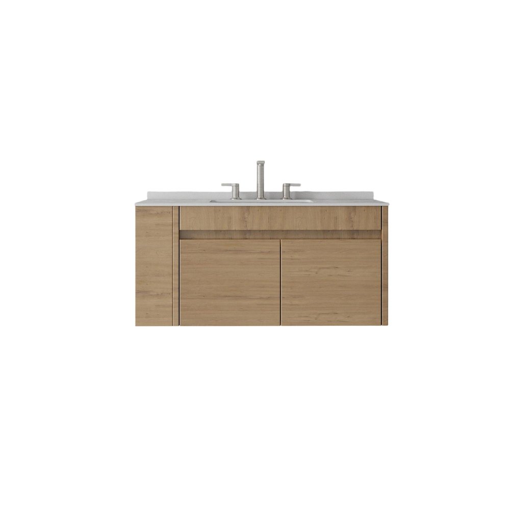 36" Brown Wood Floating Double Door Bathroom Vanity With White Sink