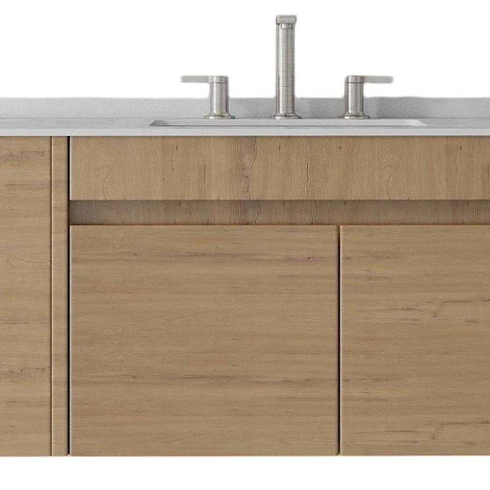 36" Brown Wood Floating Double Door Bathroom Vanity With White Sink
