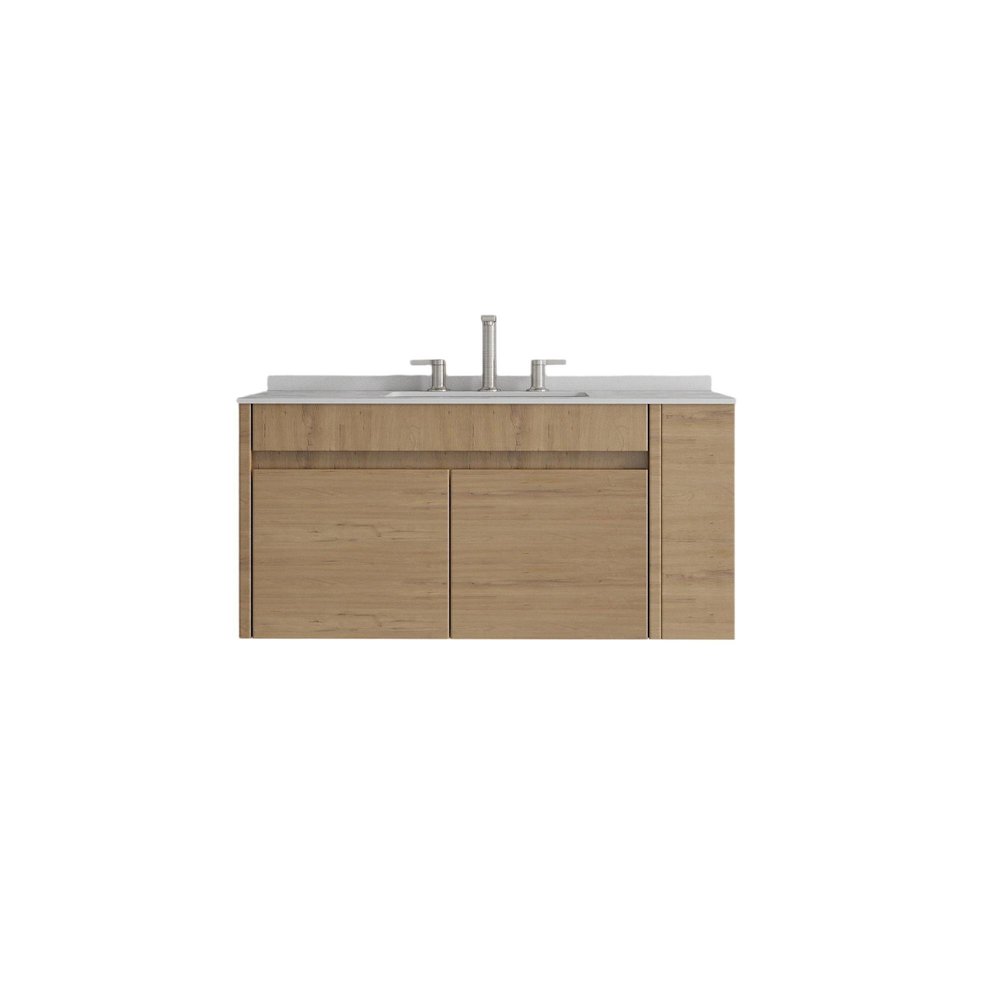 36" Brown Wood Floating Double Door Bathroom Vanity With White Sink