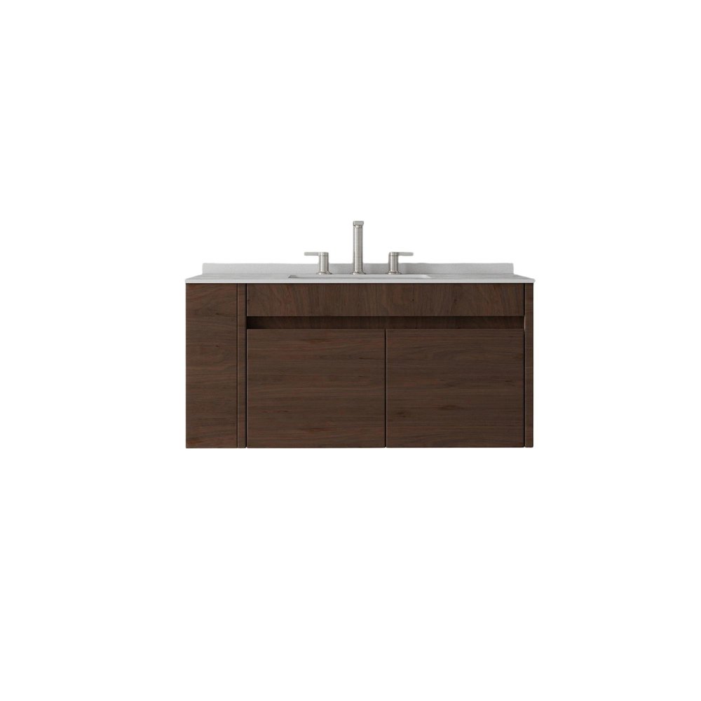 36" Brown Wood Floating Double Door Bathroom Vanity With White Sink