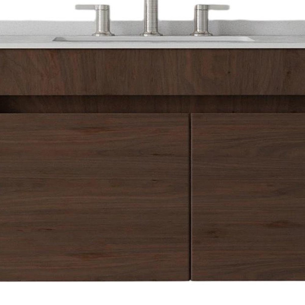 36" Brown Wood Floating Double Door Bathroom Vanity With White Sink