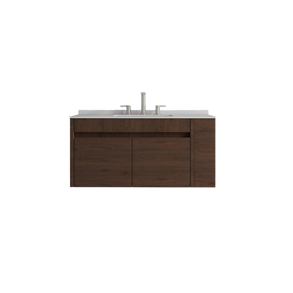 36" Brown Wood Floating Double Door Bathroom Vanity With White Sink