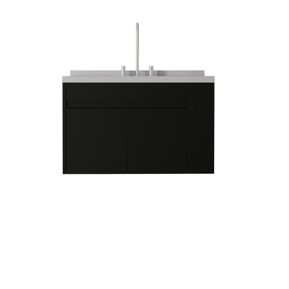 36" Black Wood Floating Double Door Bathroom Vanity With White Sink