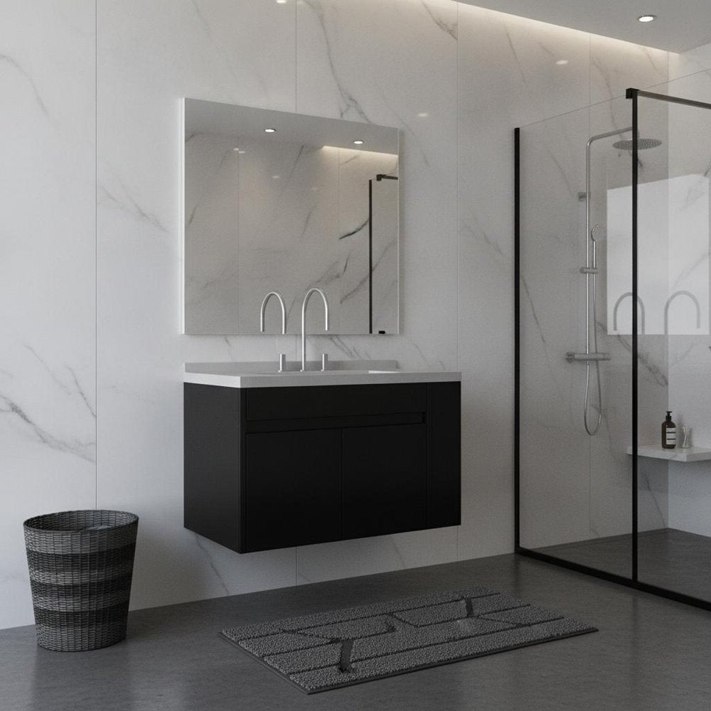 36" Black Wood Floating Double Door Bathroom Vanity With White Sink