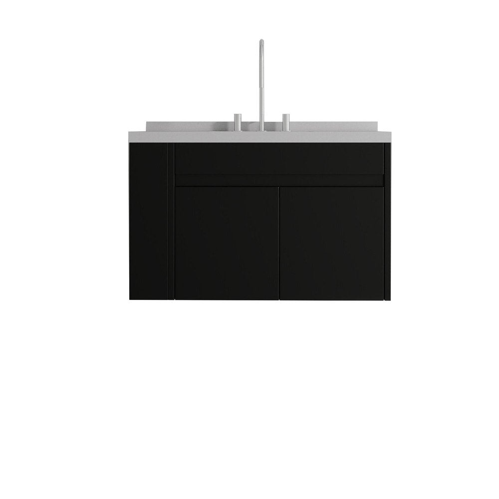 36" Black Wood Floating Double Door Bathroom Vanity With White Sink