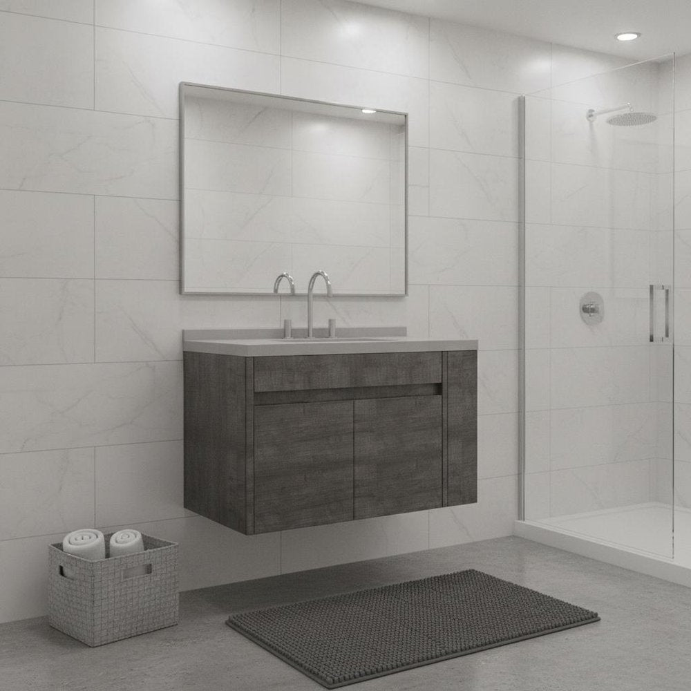 36" Gray Wood Floating Double Door Bathroom Vanity With White Sink