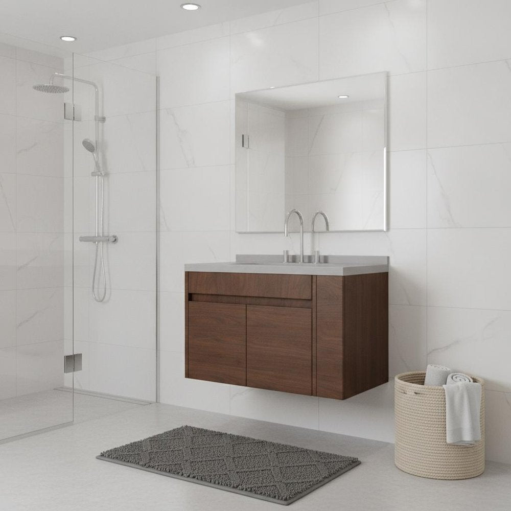 36" Brown Wood Floating Double Door Bathroom Vanity With White Sink