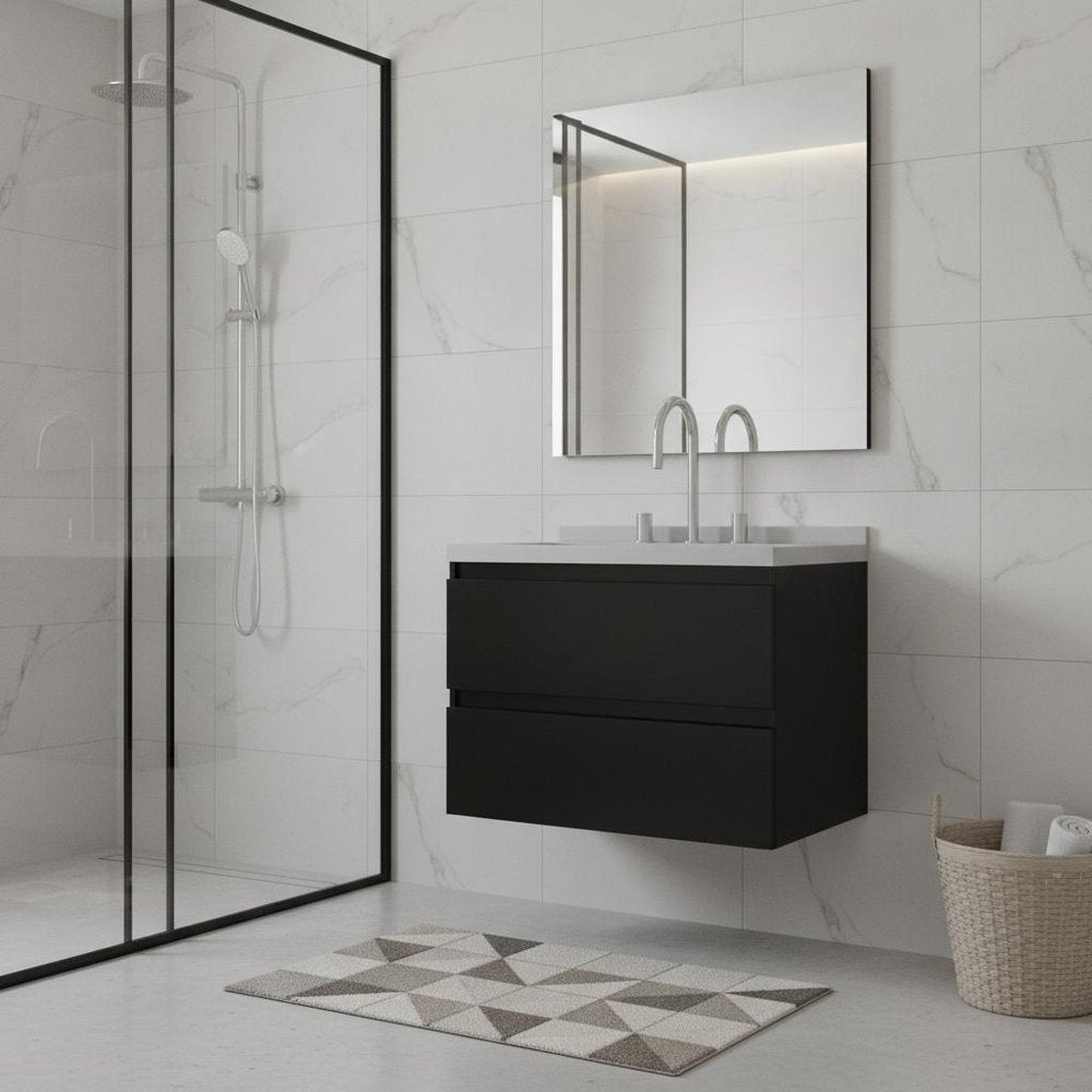 24" Black Wood Floating Bathroom Vanity With White Sink And Two Drawers