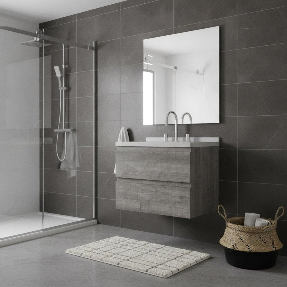 24" Gray Wood Floating Bathroom Vanity With White Sink And Two Drawers