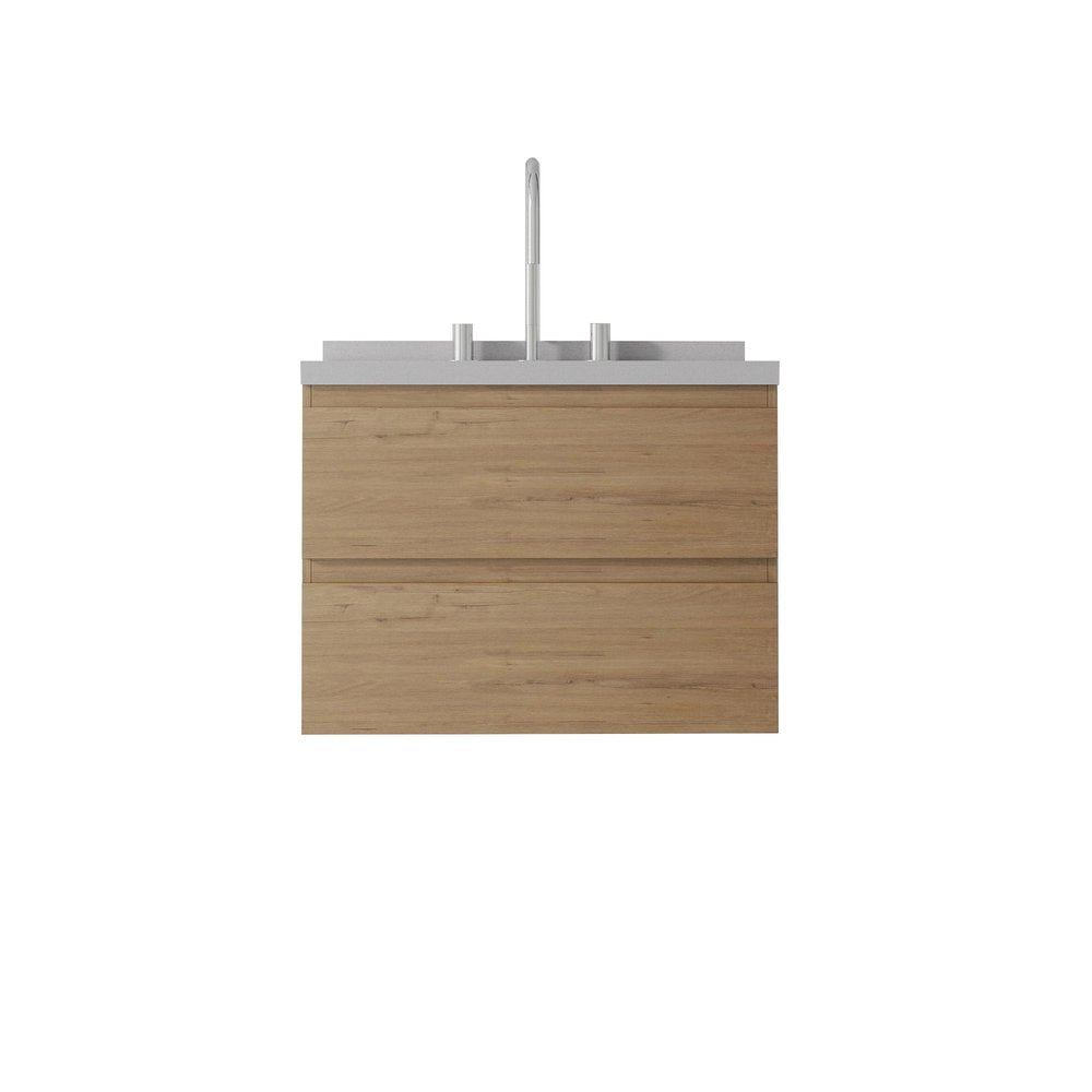 24" Brown Wood Floating Bathroom Vanity With White Sink And Two Drawers