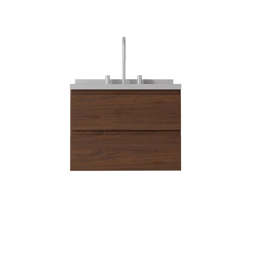 24" Brown Wood Floating Bathroom Vanity With White Sink And Two Drawers