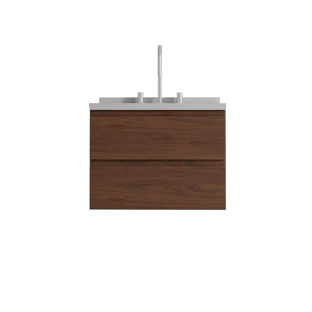 24" Brown Wood Floating Bathroom Vanity With White Sink And Two Drawers