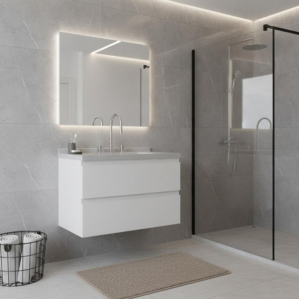 30" White Wood Floating Bathroom Vanity With Sink And Two Drawers