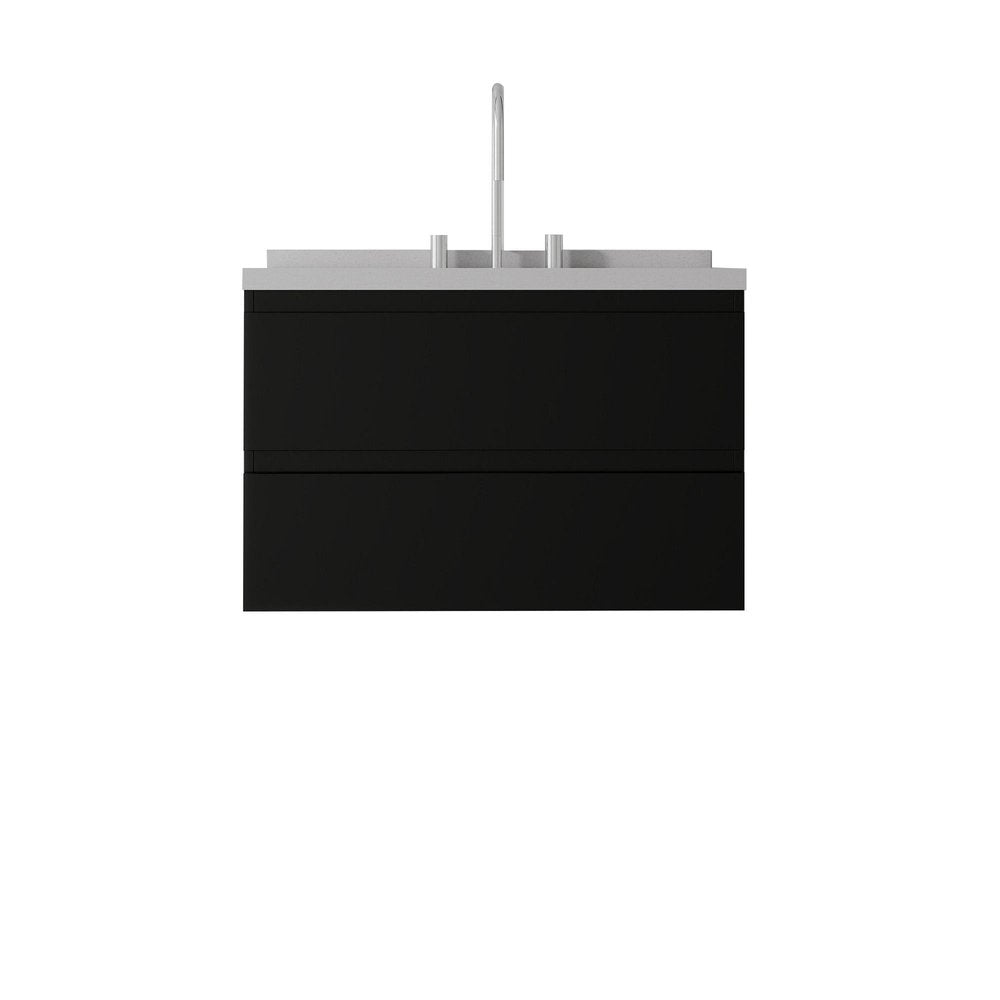 30" Black Wood Floating Bathroom Vanity With White Sink And Two Drawers