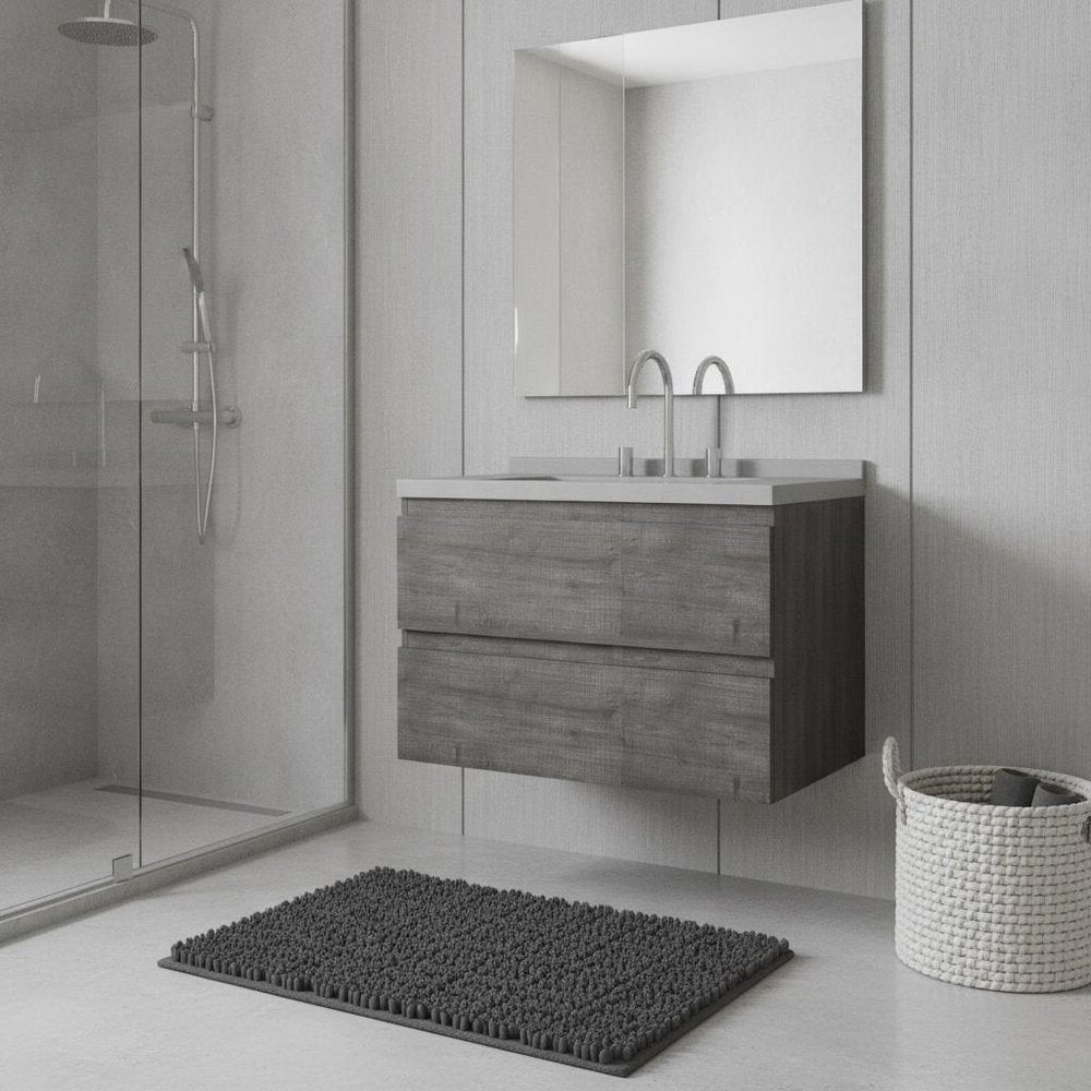 30" Gray Wood Floating Bathroom Vanity With White Sink And Two Drawers