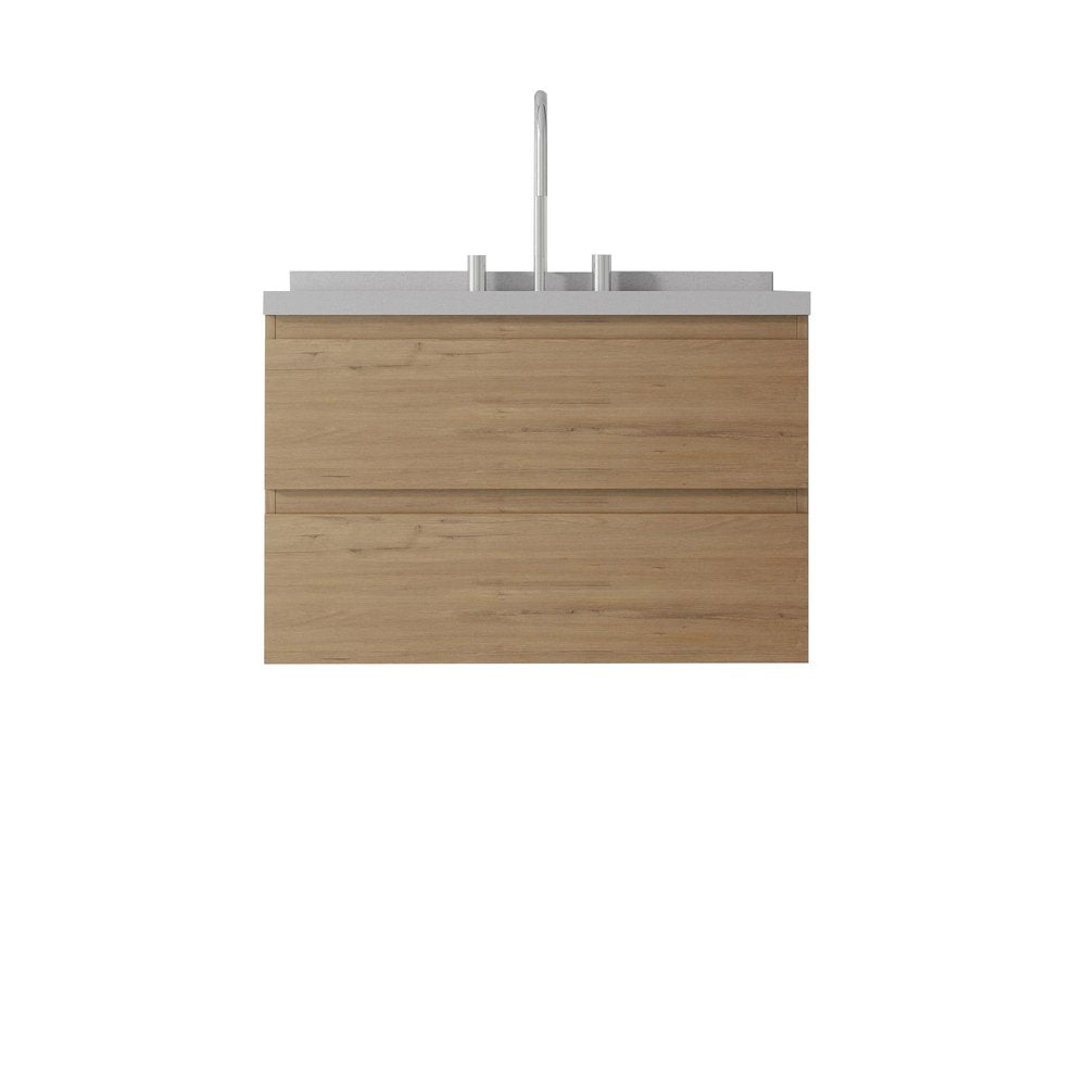 30" Brown Wood Floating Bathroom Vanity With White Sink And Two Drawers