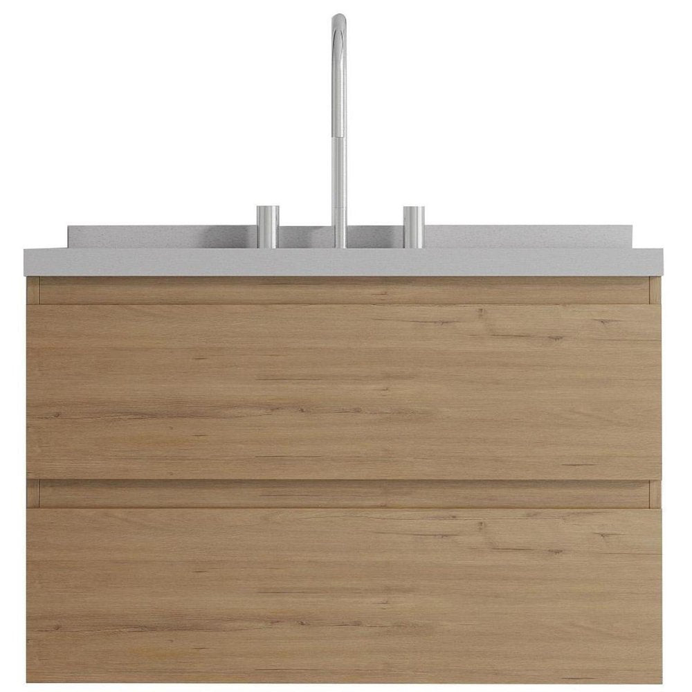 30" Brown Wood Floating Bathroom Vanity With White Sink And Two Drawers