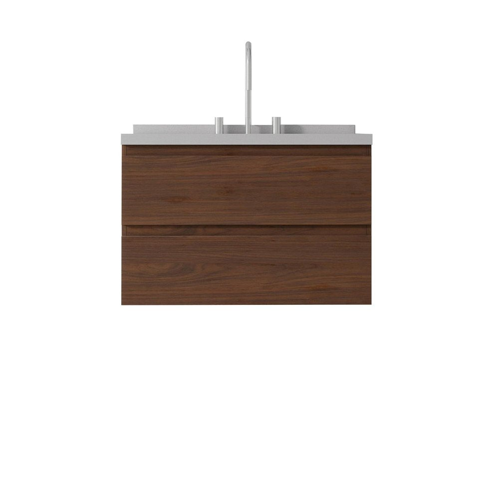 30" Brown Wood Floating Bathroom Vanity With White Sink And Two Drawers