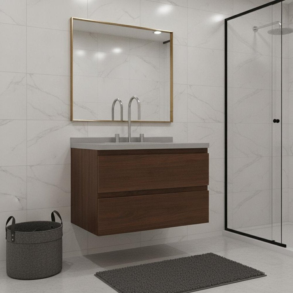30" Brown Wood Floating Bathroom Vanity With White Sink And Two Drawers