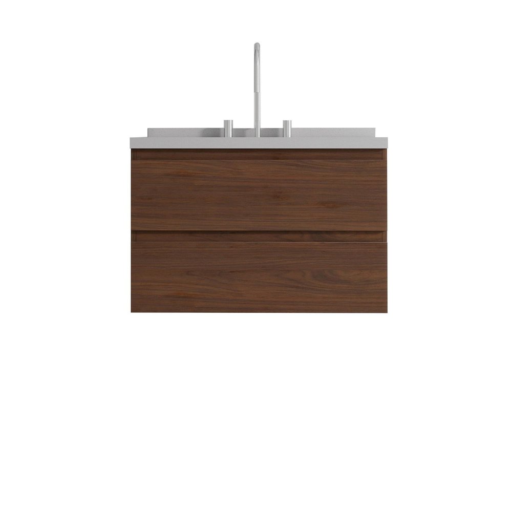 30" Brown Wood Floating Bathroom Vanity With White Sink And Two Drawers