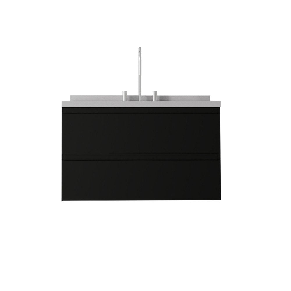 36" Black Wood Floating Bathroom Vanity With White Sink And Two Drawers