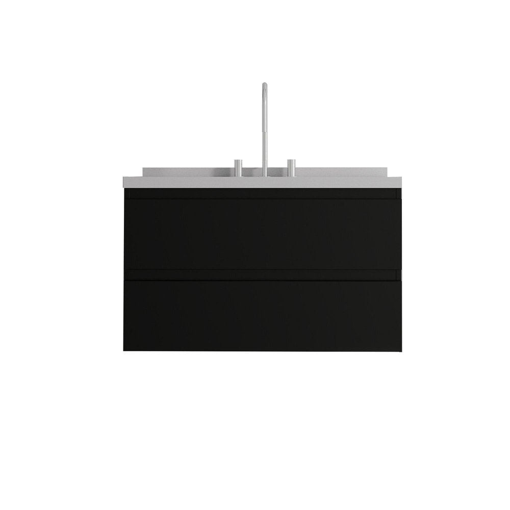36" Black Wood Floating Bathroom Vanity With White Sink And Two Drawers