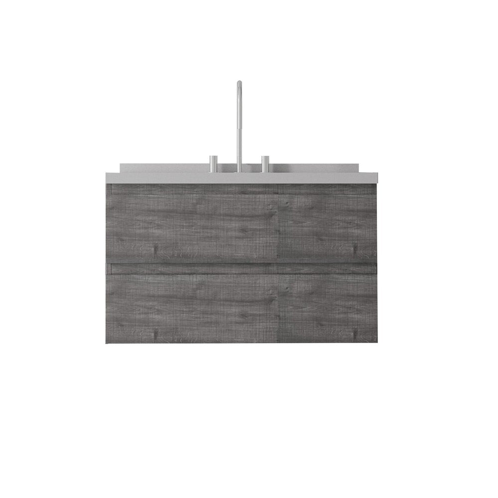 36" Gray Wood Floating Bathroom Vanity With White Sink And Two Drawers