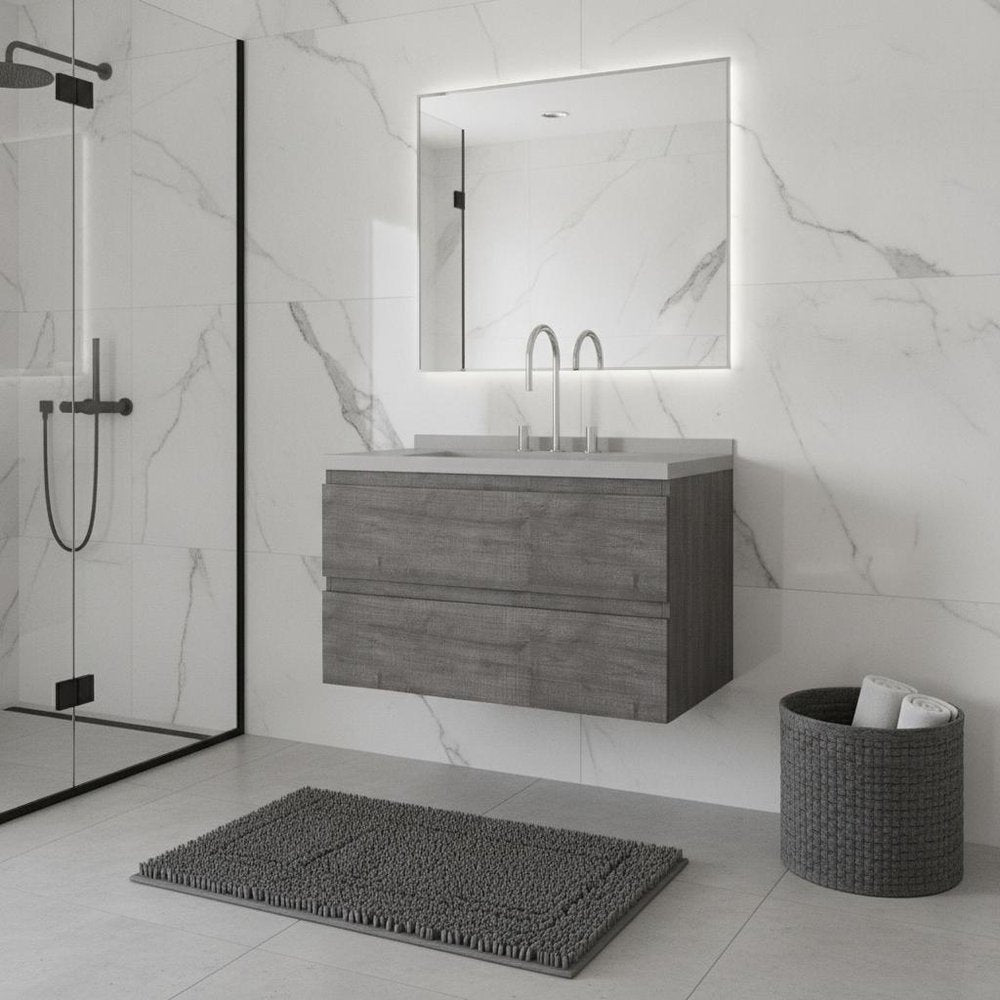 36" Gray Wood Floating Bathroom Vanity With White Sink And Two Drawers
