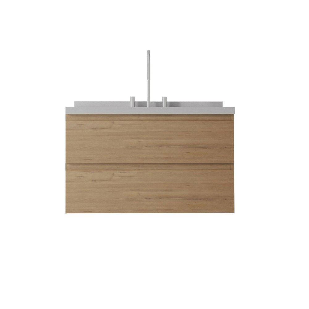 36" Brown Wood Floating Bathroom Vanity With White Sink And Two Drawers