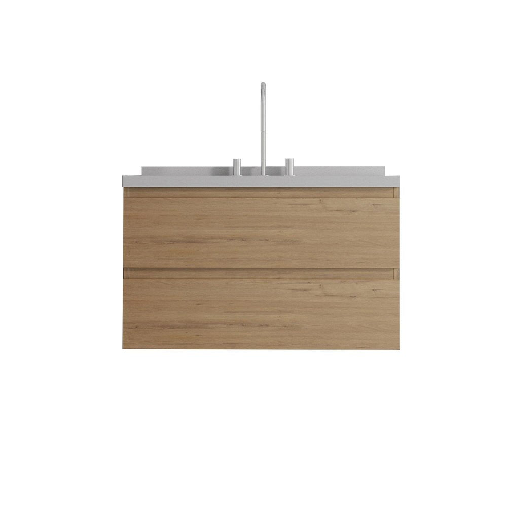 36" Brown Wood Floating Bathroom Vanity With White Sink And Two Drawers