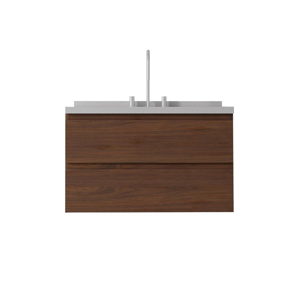 36" Brown Wood Floating Bathroom Vanity With White Sink And Two Drawers