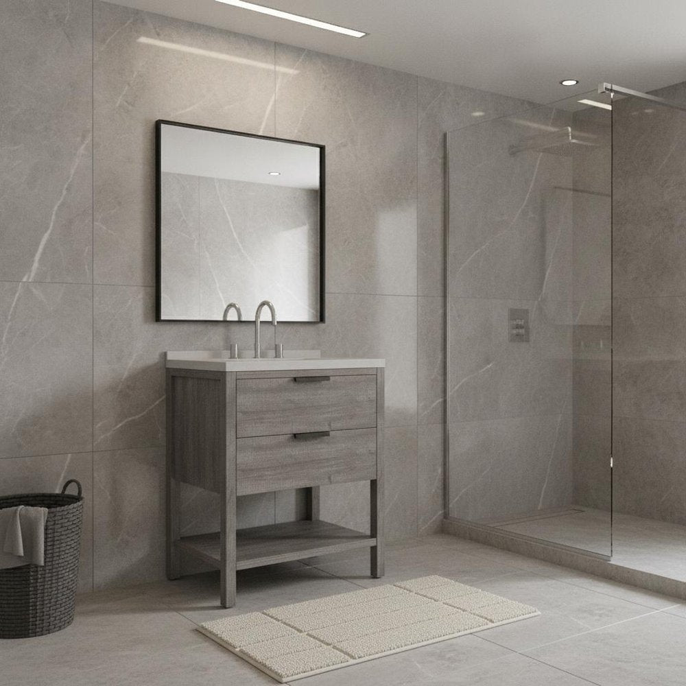 24" Gray Wood Freestanding Bathroom Vanity With White Sink And Two Drawers