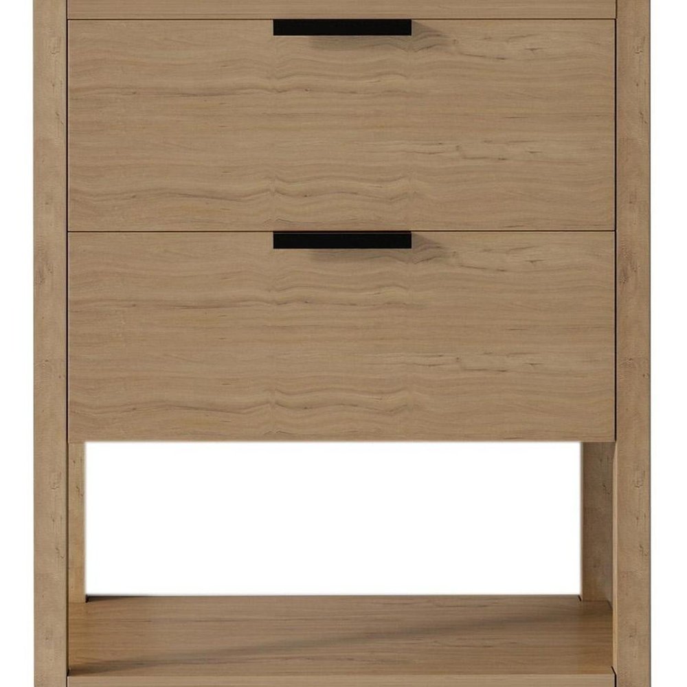 24" Brown Wood Freestanding Bathroom Vanity With White Sink And Two Drawers