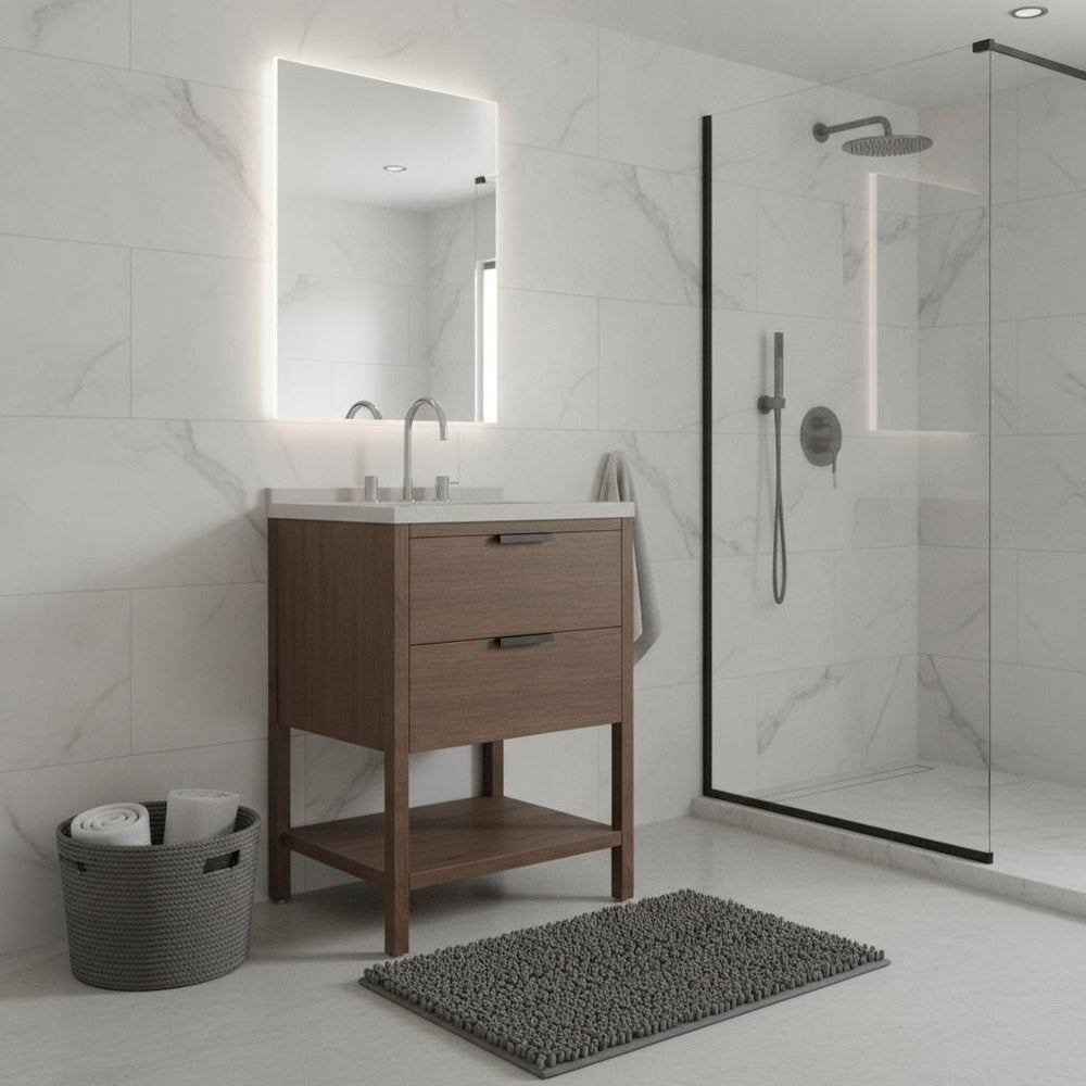 24" Brown Wood Freestanding Bathroom Vanity With White Sink And Two Drawers