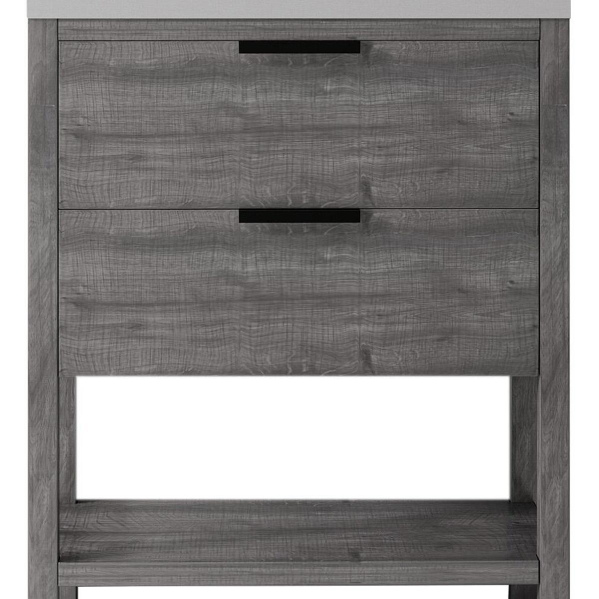 30" Gray Wood Bathroom Vanity With White Cultured Marble Sink Two Drawers And Shelf