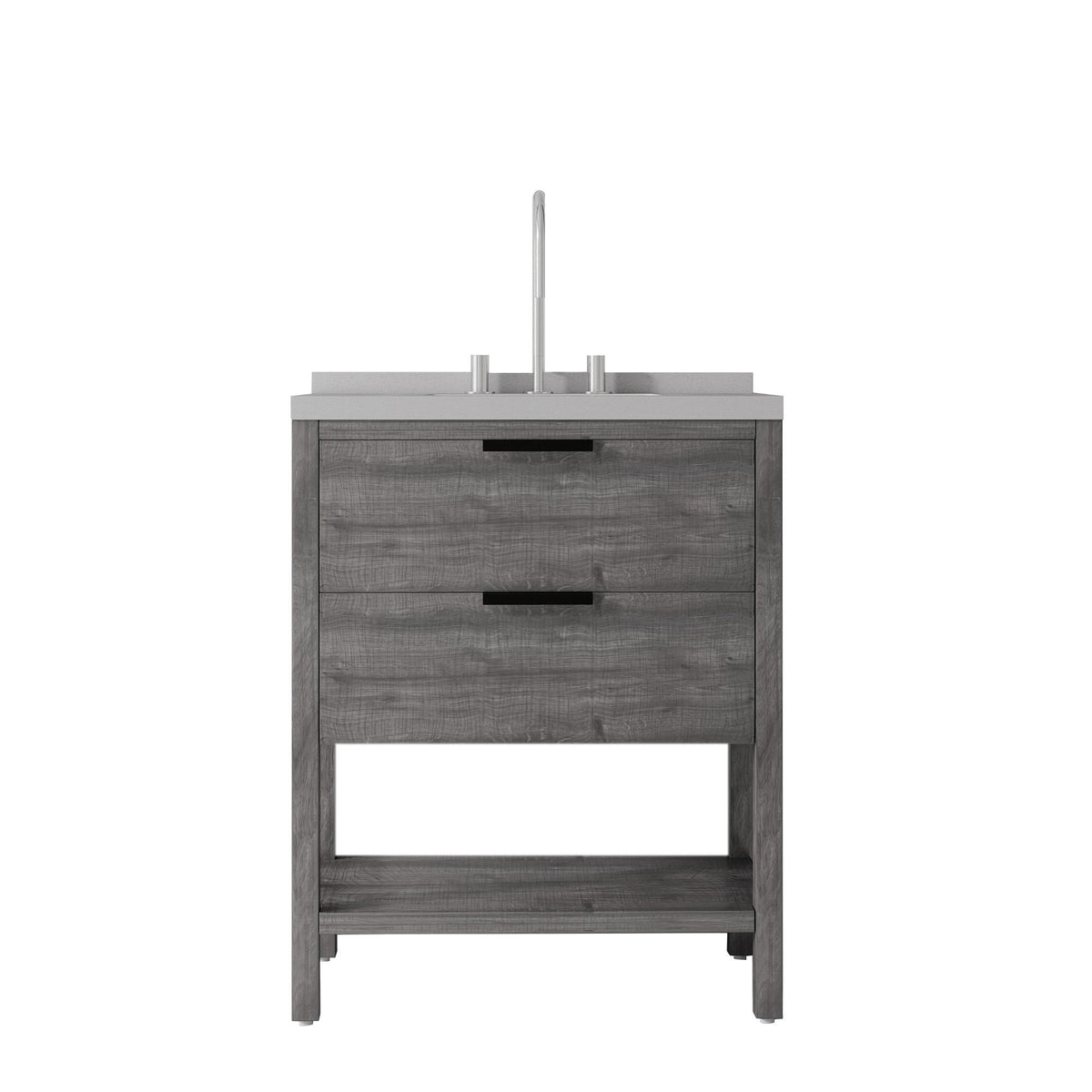 30" Gray Wood Bathroom Vanity With White Cultured Marble Sink Two Drawers And Shelf