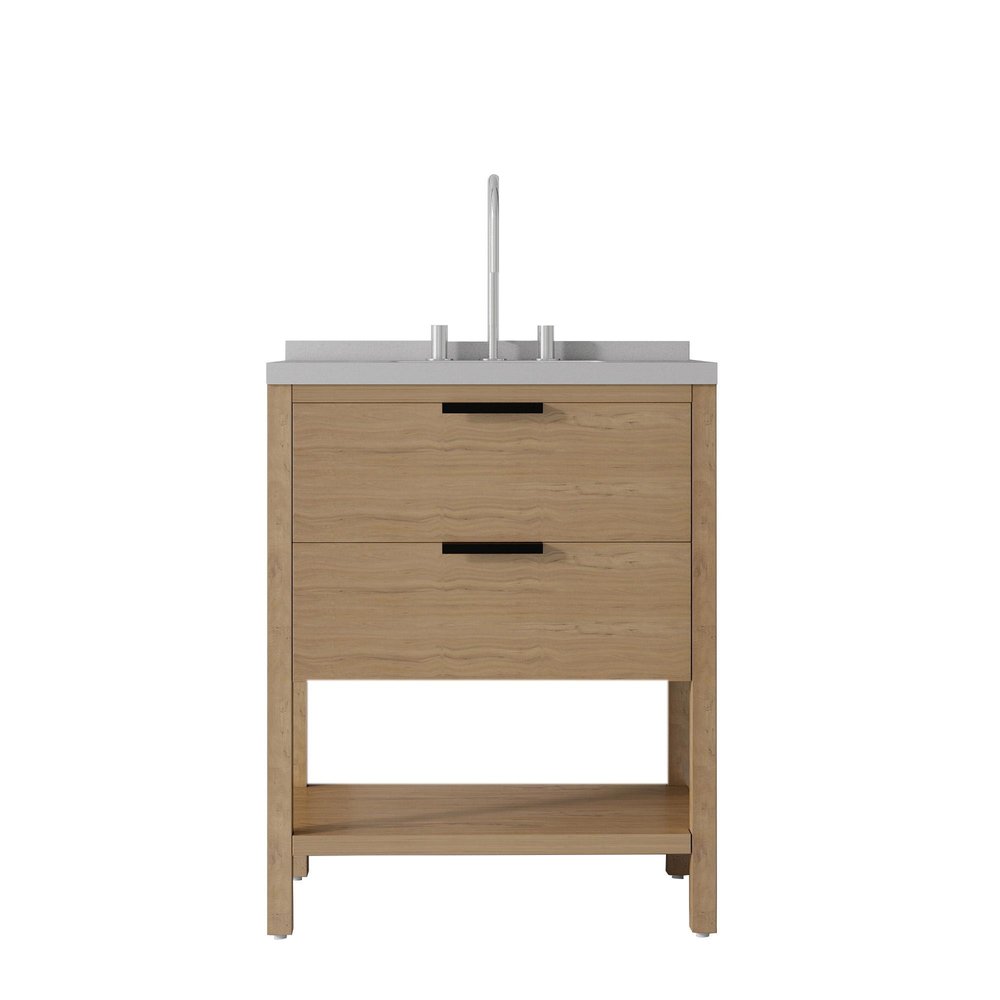 30" Brown Wood Freestanding Bathroom Vanity With White Sink And Two Drawers
