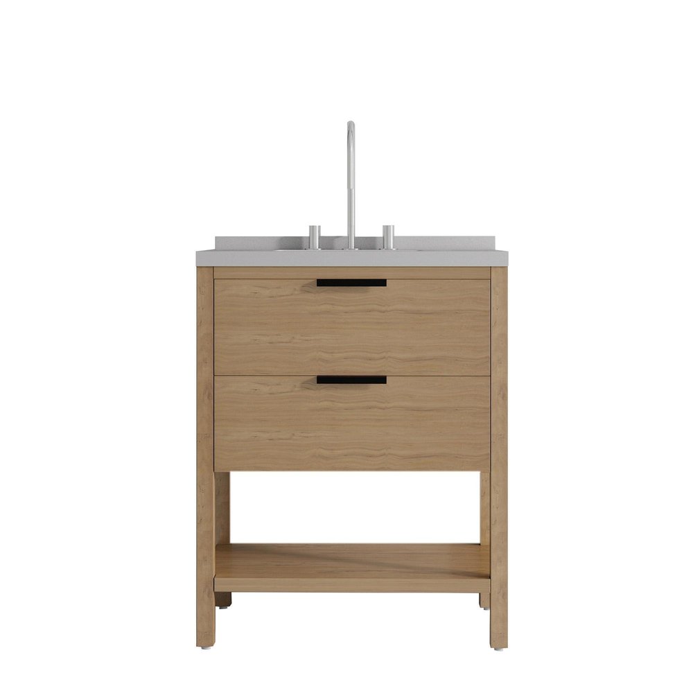 30" Brown Wood Freestanding Bathroom Vanity With White Sink And Two Drawers