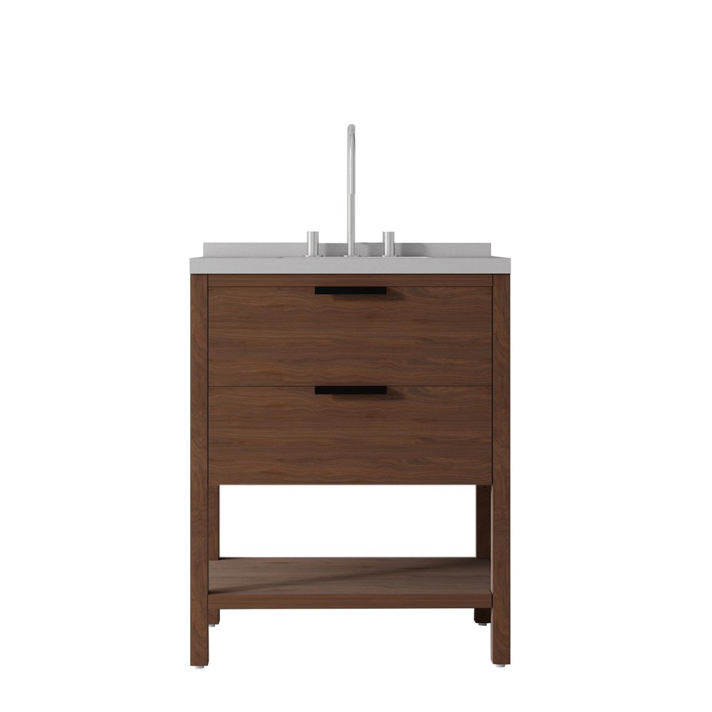 30" Brown Wood Freestanding Bathroom Vanity With White Sink And Two Drawers