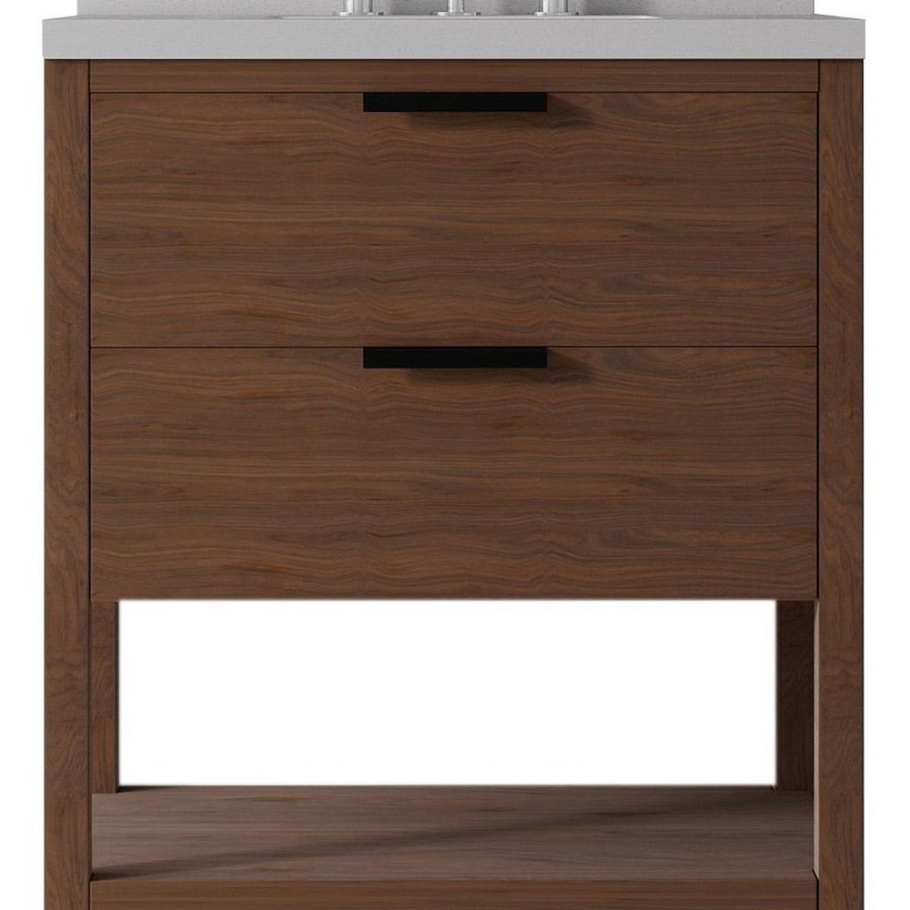 30" Brown Wood Freestanding Bathroom Vanity With White Sink And Two Drawers