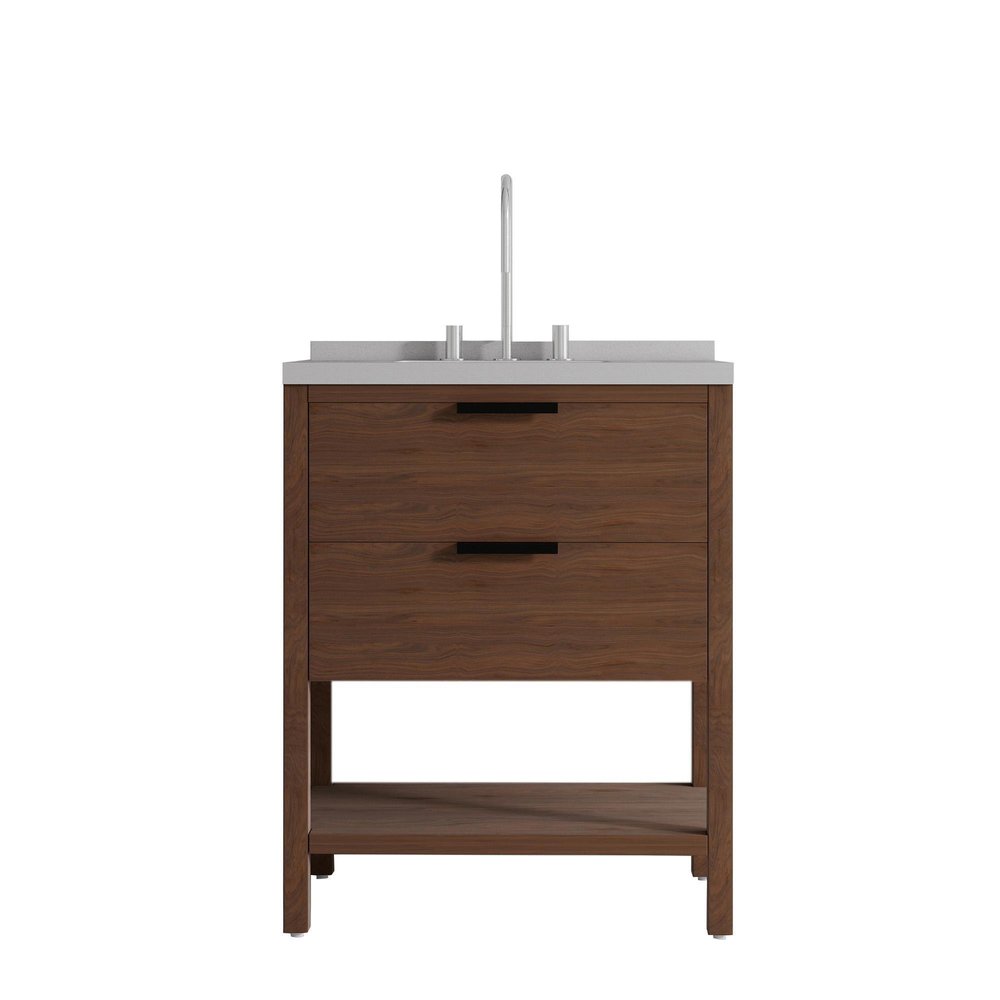 30" Brown Wood Freestanding Bathroom Vanity With White Sink And Two Drawers