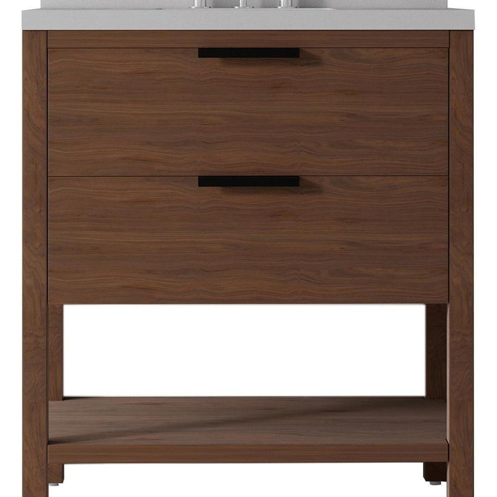 36" Brown Wood Freestanding Bathroom Vanity With White Sink And Two Drawers