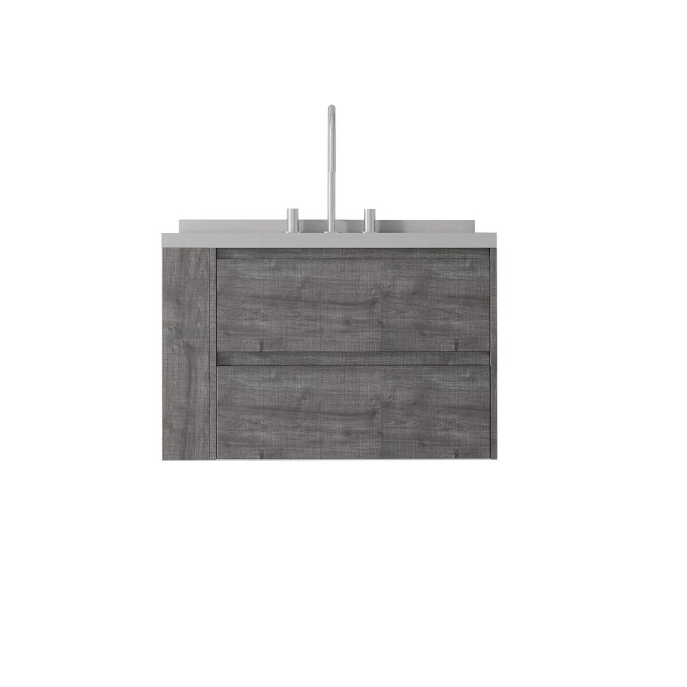 30" Gray Wood Floating Bathroom Vanity With White Sink And Two Drawers
